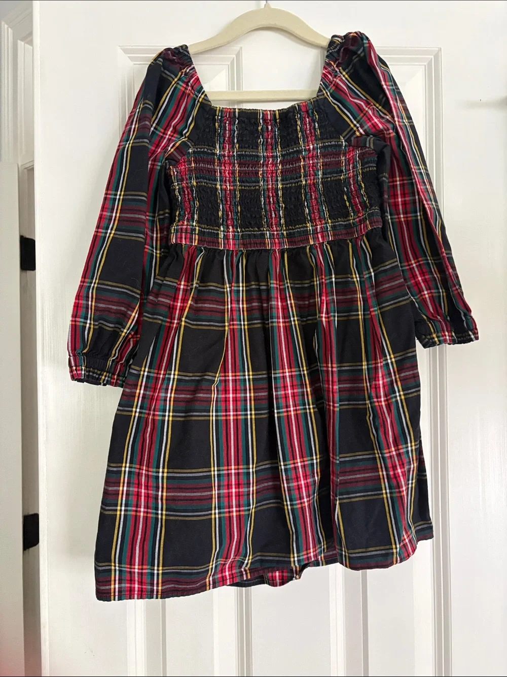 Crew cuts Girls Black Red Plaid Long-Sleeve Smocked Dress